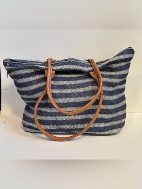 Striped Navy Canvas Woven Tote with Tan Handles.